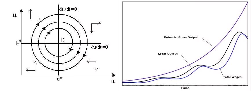 Diagramas de fase del ciclo endógeno entre participación salarial y crecimiento